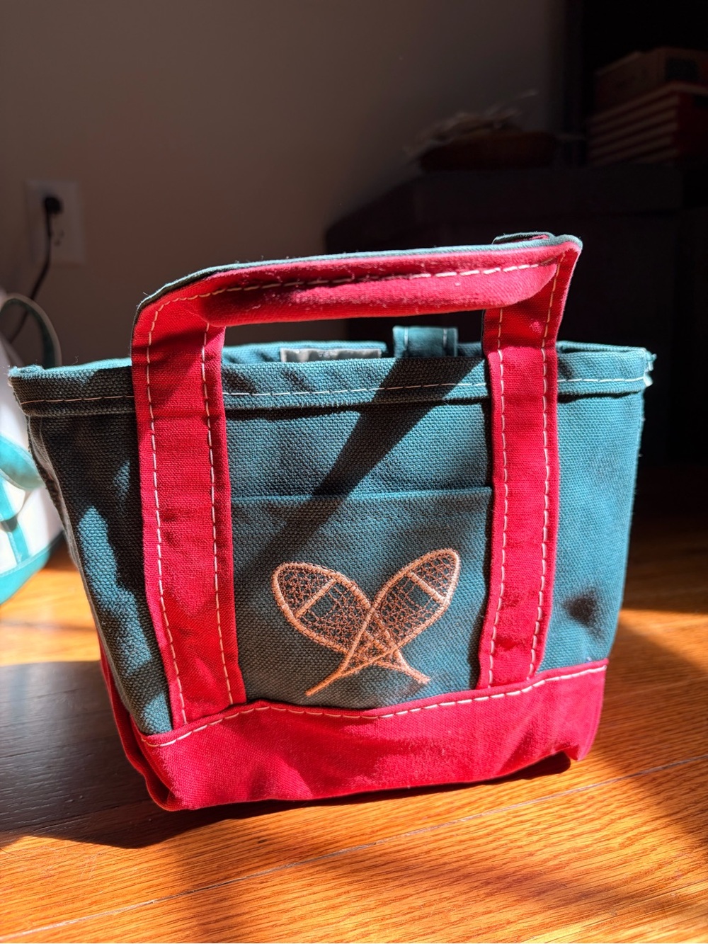 L.L. Bean Boat and Tote mini Canvas Tote Bag Green with Red Trim